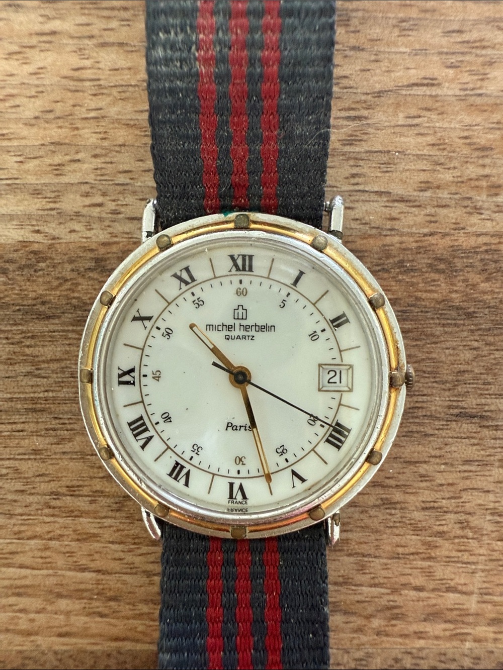 Michel Herbelin Paris Vintage White Dial Quartz Watch with Navy and Red Strap